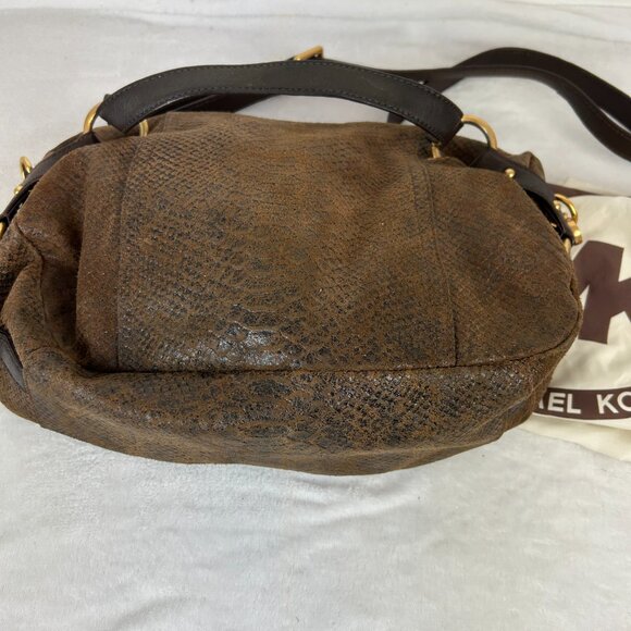 Michael Kors Tristan Mocha Satchel/Crossbody Suede Leather Snakeskin Gold Plated - Picture 5 of 16